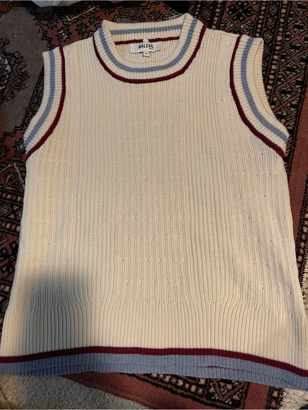 Balzac Cream Knit Crewneck Sweater Vest with Blue and Burgundy Trim